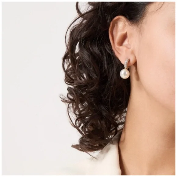 KATE SPADE • Gold Showtime Crystal Drop Huggies Hoop Pearl Earrings - Picture 3 of 4